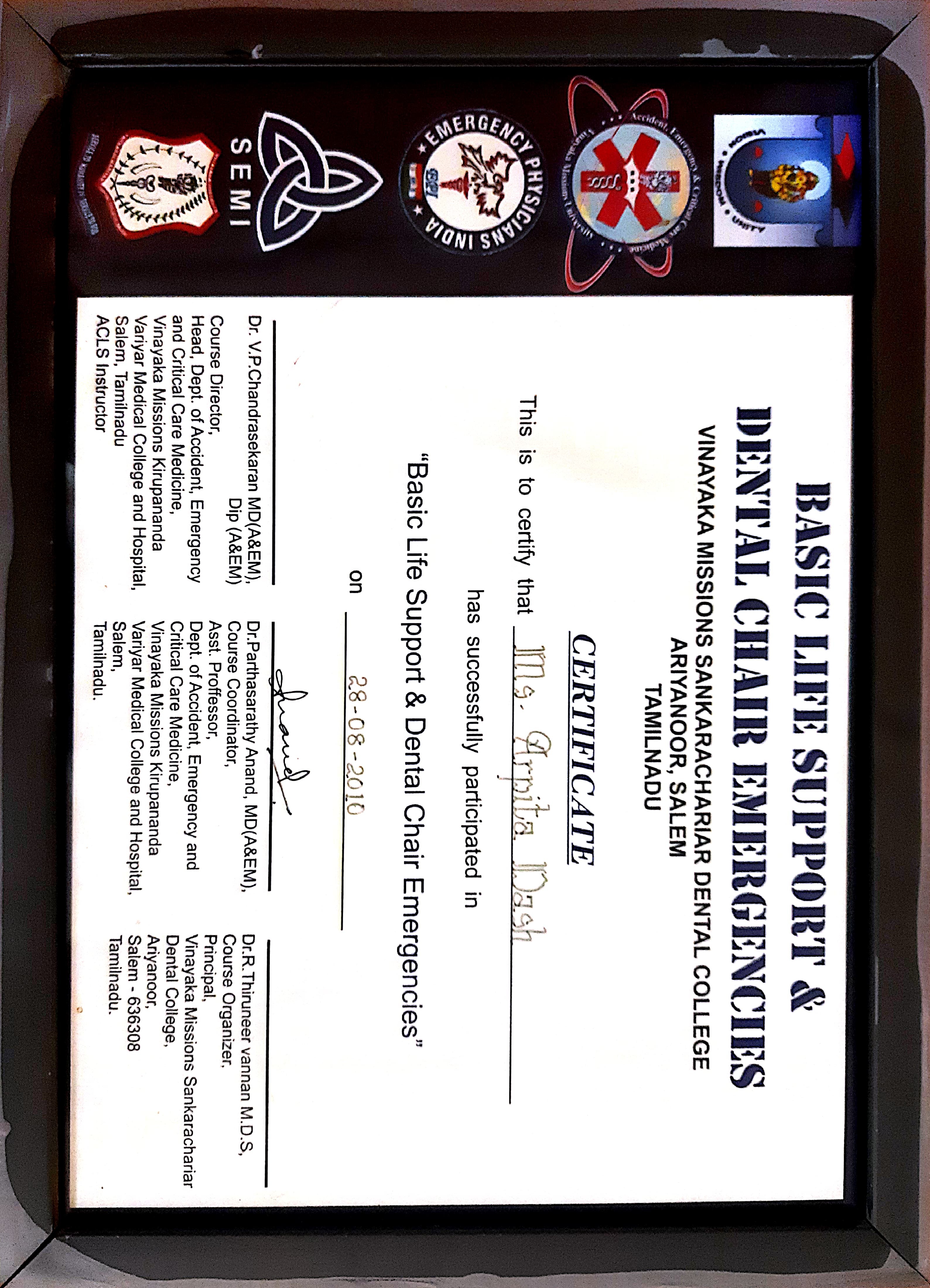Basic Life Support and Dental Chair Emergency certificate - Dr. Arpita Dash